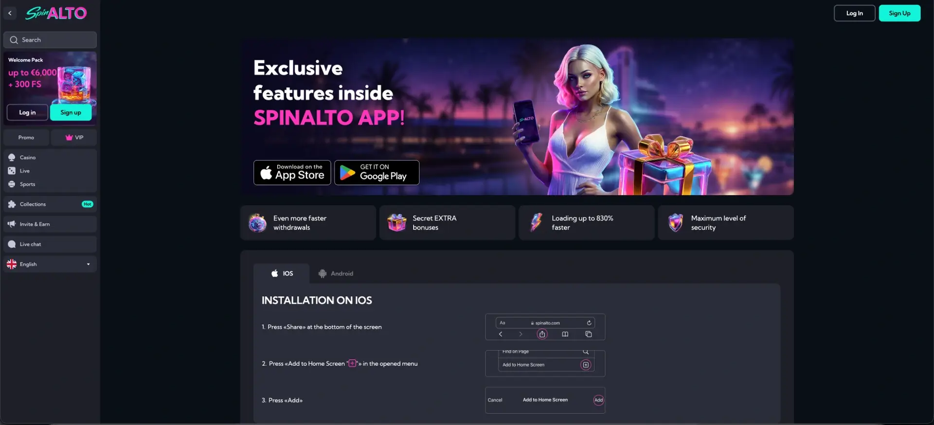 Mobiele app-pagina van Spinalto