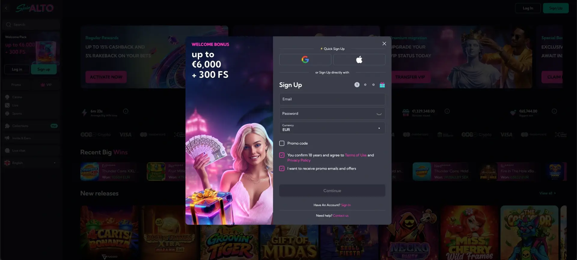 Spinalto casino sign-up form