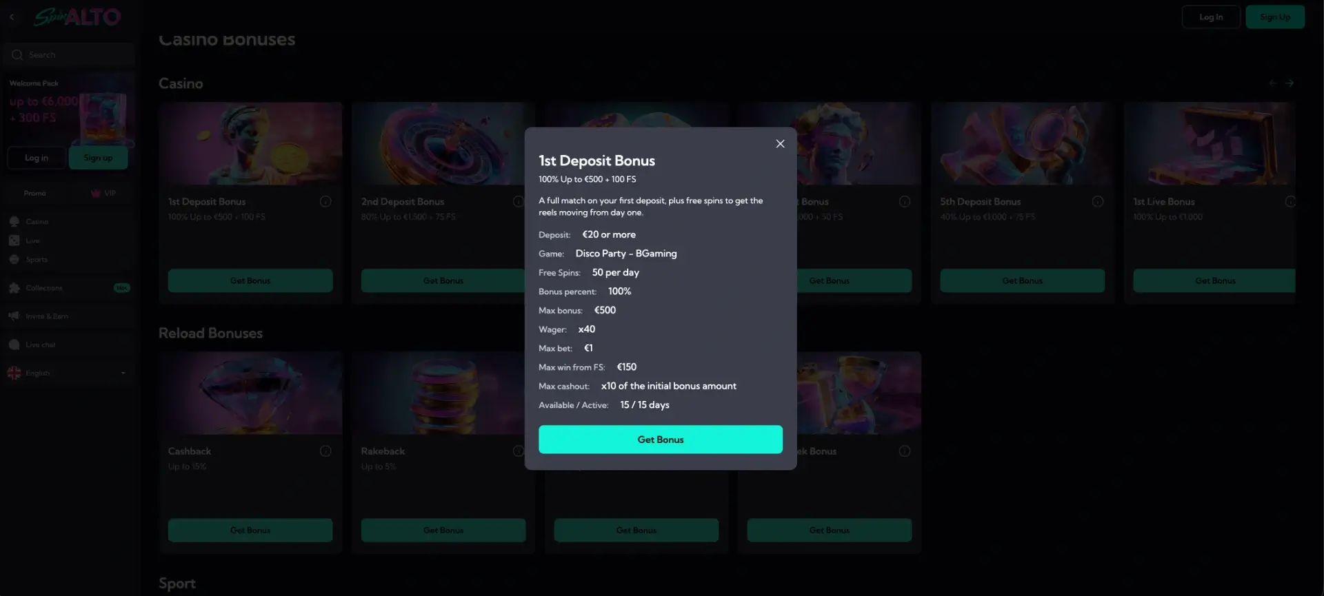 Spinalto first-deposit bonus