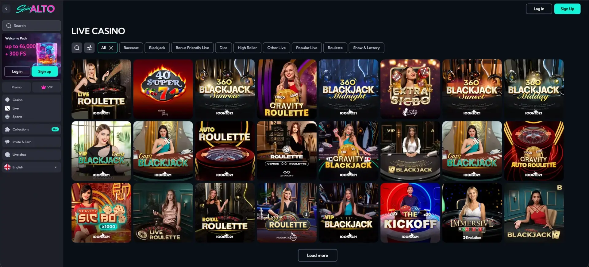 Live-casinolobby van Spinalto