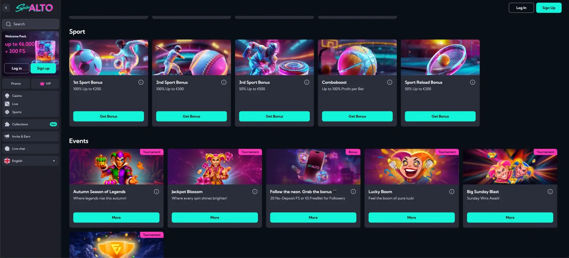 Spinalto sports and events bonuses